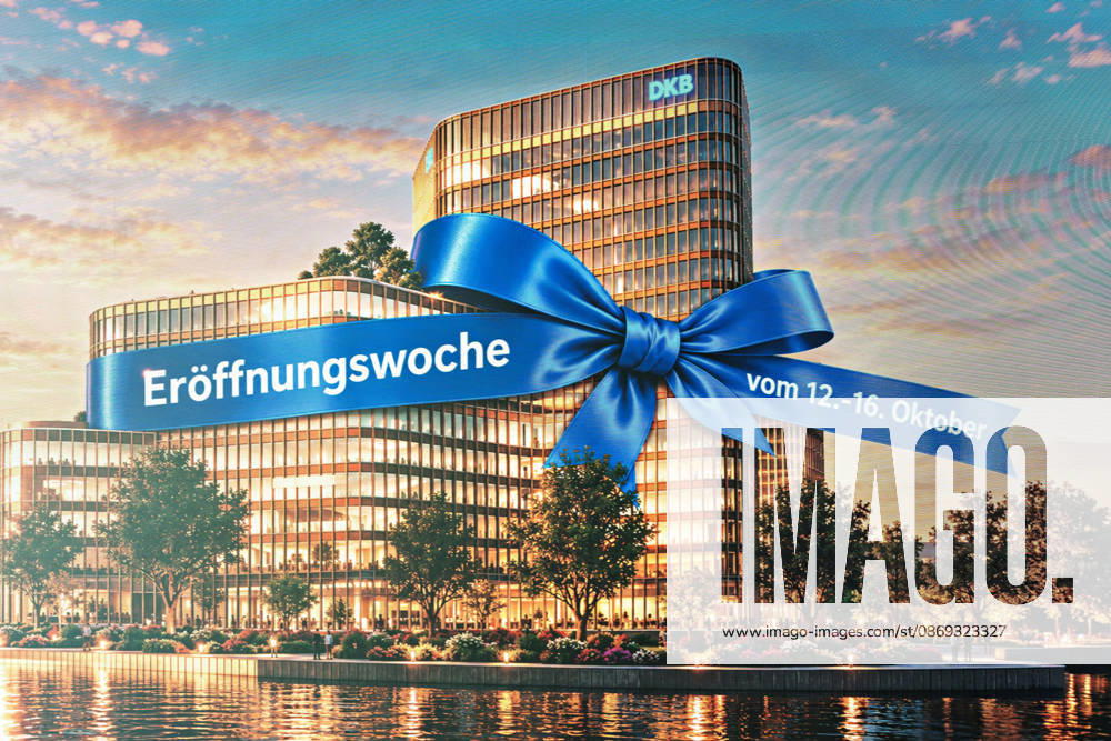 Berlin, 13.10.2026: Eine Visualisierung des neuen DKB-Campus in der Europacity in Berlin-Mitte, umschlungen von einer blauen Schleife mit der Aufschrift Eröffnungswoche vom 12. 16. Oktober, wirbt für die Eröffnungswoche des neuen Hauptsitzes. Die Deutsche Kreditbank AG (DKB) hat ihren neuen Hauptsitz heute offiziell eröffnet. Der von Kleihues + Kleihues entworfene, rund 82 Meter hohe Komplex besteht aus drei Gebäudeteilen mit fünf, elf und 19 Geschossen und rund 35.000 Quadratmetern Mietfläche; entwickelt wurde er von der CA Immo unter dem Projektnamen Upbeat. Rund 2.600 Mitarbeitende des DKB-Konzerns, die bislang auf mehrere Berliner Standorte verteilt waren, arbeiten nun gemeinsam im Campus. Die DKB ist Exklusivmieter