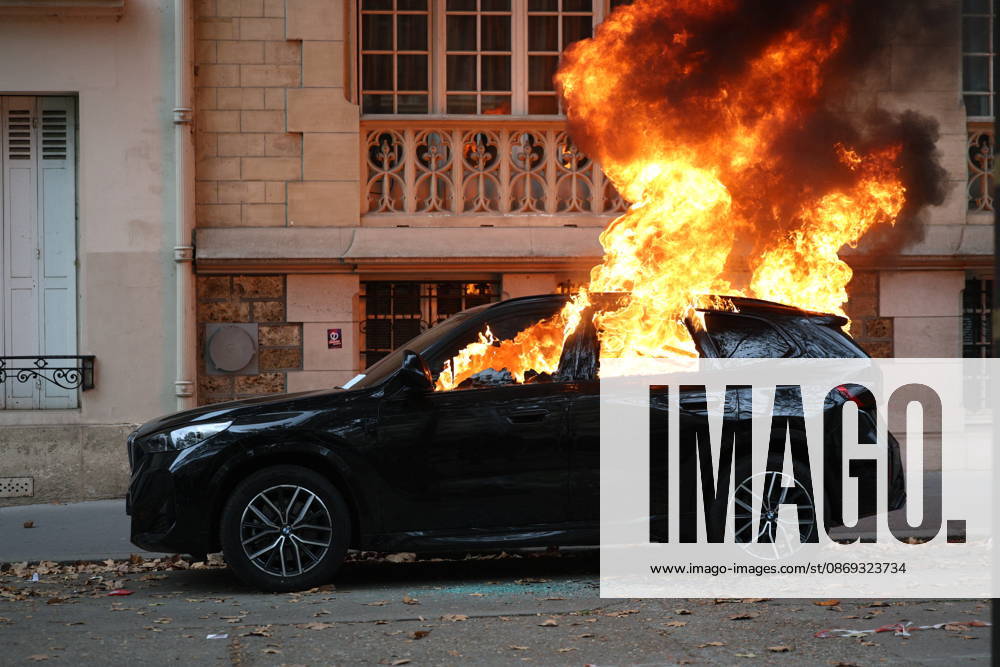 Students Protest in Paris - France - Protesters set on fire a car near Place Vauban while tear gas and water cannon launched by police during a demonstration of high-school students near the Cathedral of Saint-Louis-des-Invalides in Paris, on October 13, 2026, as part of a nationwide high school mobilisation. France sees nationwide demonstrations on October 13 in support of students protesting poor classroom conditions for weeks, as authorities and participants remain wary of further violence. Photo by Raphael Lafargue ABACAPRESS.COM Paris France