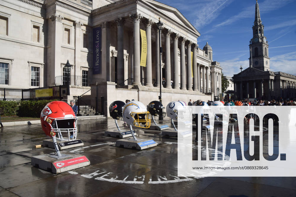 Large NFL helmets are displayed in Trafalgar Square celebrating the 2026 NFL London Games. London United Kingdom - ZUMAv130 20261013_zip_v130_060