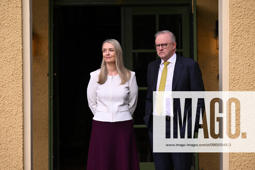 SURANGEL WHIPPS AUSTRALIA VISIT, Australian Prime Minister Anthony Albanese and wife Jodie Haydon wait for the arrival of President of Palau Surangel Whipps Jr outside the Lodge, in Canberra, Wednesday, October 14, 2026. ( NO ARCHIVING CANBERRA AUSTRALIAN CAPITAL TERRITORY Australia