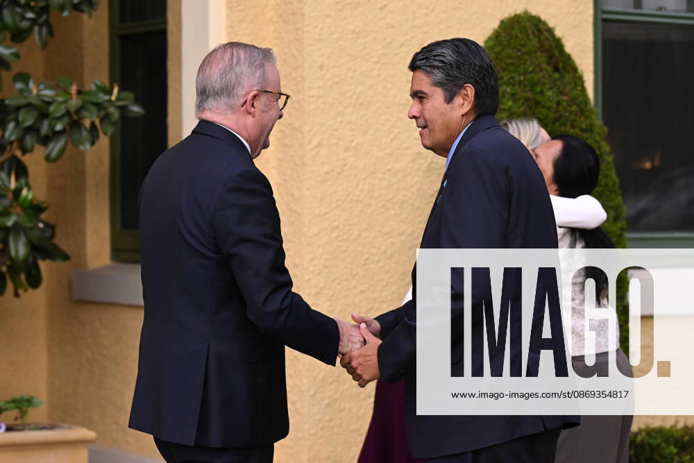 SURANGEL WHIPPS AUSTRALIA VISIT, Australian Prime Minister Anthony Albanese greets President of Palau Surangel Whipps Jr outside the Lodge, in Canberra, Wednesday, October 14, 2026. ( NO ARCHIVING CANBERRA AUSTRALIAN CAPITAL TERRITORY Australia