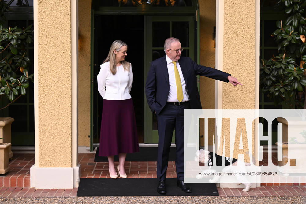 SURANGEL WHIPPS AUSTRALIA VISIT, Australian Prime Minister Anthony Albanese and wife Jodie Haydon with their dog Toto wait for the arrival of President of Palau Surangel Whipps Jr outside the Lodge, in Canberra, Wednesday, October 14, 2026. ( NO ARCHIVING CANBERRA AUSTRALIAN CAPITAL TERRITORY Australia