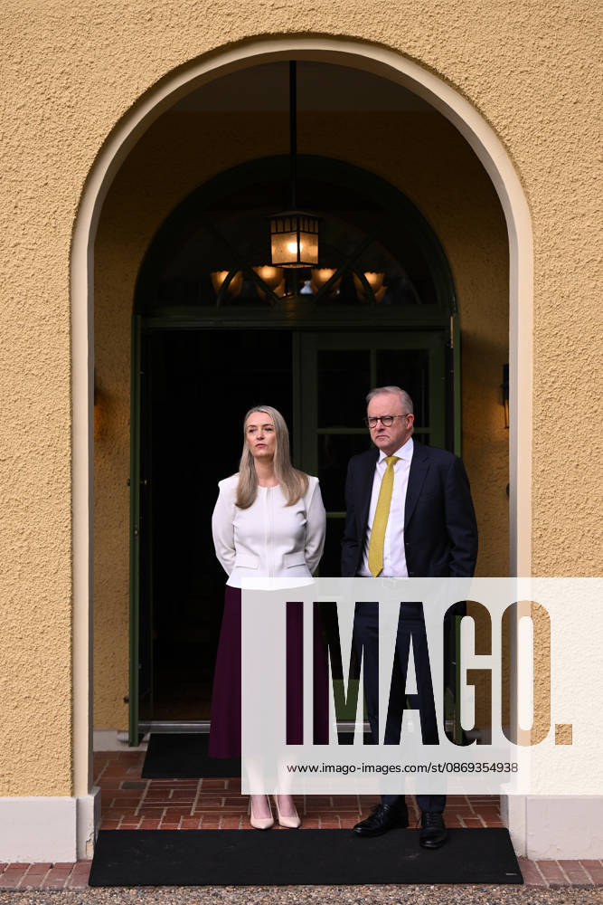SURANGEL WHIPPS AUSTRALIA VISIT, Australian Prime Minister Anthony Albanese and wife Jodie Haydon wait for the arrival of President of Palau Surangel Whipps Jr outside the Lodge, in Canberra, Wednesday, October 14, 2026. ( NO ARCHIVING CANBERRA AUSTRALIAN CAPITAL TERRITORY Australia