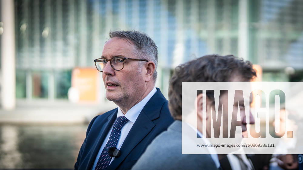 Lars Klingbeil, SPD Party Chairman and Federal Minister of Finance, and Alexander Schweitzer, Federal Minister of Labor-designate, at Friedrich-Ebert-Platz in front of the Bundestag building; introduction of the new Federal Minister of Labor on the day of his swearing-in by the SPD Party Chairman, Berlin, Berlin, Germany, Friedrich-Ebert-Platz