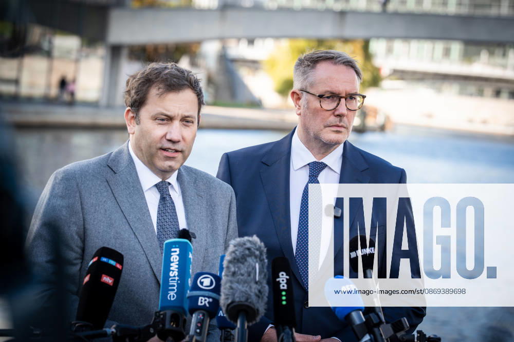Lars Klingbeil, SPD Party Chairman and Federal Minister of Finance, and Alexander Schweitzer, Federal Minister of Labor-designate, at Friedrich-Ebert-Platz in front of the Bundestag building; introduction of the new Federal Minister of Labor on the day of his swearing-in by the SPD Party Chairman, Berlin, Germany, Friedrich-Ebert-Platz