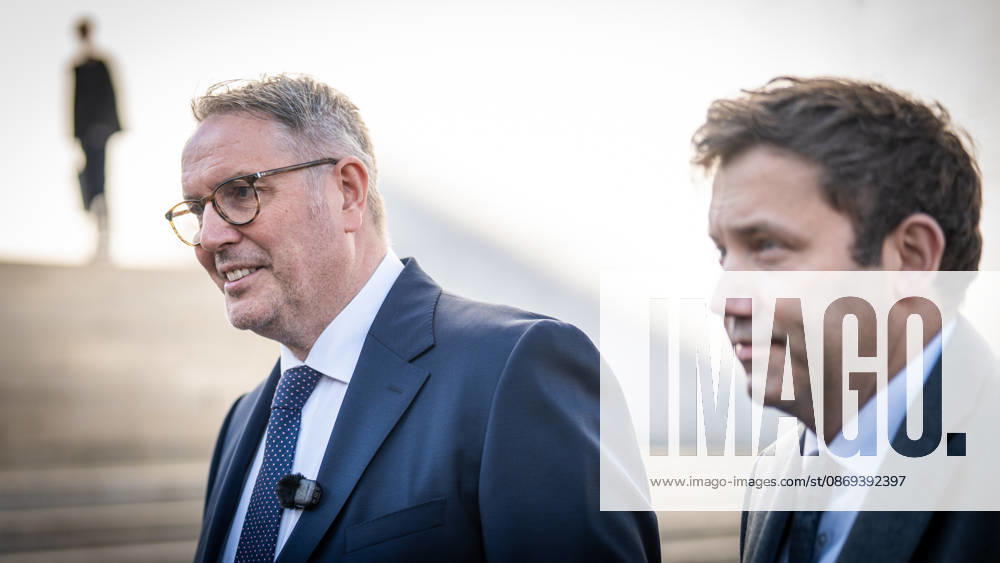 Lars Klingbeil, SPD Party Chairman and Federal Minister of Finance, and Alexander Schweitzer, Federal Minister of Labor-designate, at Friedrich-Ebert-Platz in front of the Bundestag building; introduction of the new Federal Minister of Labor on the day of his swearing-in by the SPD Party Chairman, Berlin, Berlin, Germany, Friedrich-Ebert-Platz
