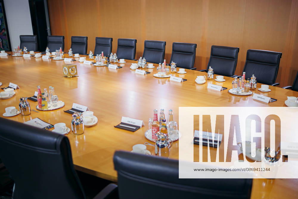 View of the empty table in the Cabinet Chamber, photographed before the start of the 62nd Cabinet meeting at the Federal Chancellery in Berlin, October 14, 2026, Berlin, Germany