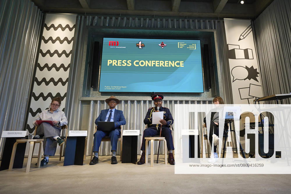 Pressekonferenz Anerkennung & Reparationen der deutschen Voelkermorde im heutigen Namibia im Vorfeld der Bundestagsdebatte am Mittwoch (14.10.2026) in Berlin (Foto v.l.: Bundestagsfraktion Partei Die Linke, vertreten durch Charlotte Neuhaeuser (Neuhäuser, MdB); Gaob David Timotheus Fredericks; Mutjinde Katjiua; Julia Manek, Namibia-Referentin von medico international). Hochrangige Vertreter der Volksgruppen Ovaherero und Nama aus Namibia haben die deutsche Bundesregierung dazu aufgerufen, die volle Verantwortung fuer den an ihren Vorfahren begangenen Voelkermord zu uebernehmen. Entwicklungshilfe kann umfassende, echte Reparationen nicht ersetzen , sagte Mutjinde Katjiua von der Ovaherero Traditional Authority am Mittwoch in Berlin. Als