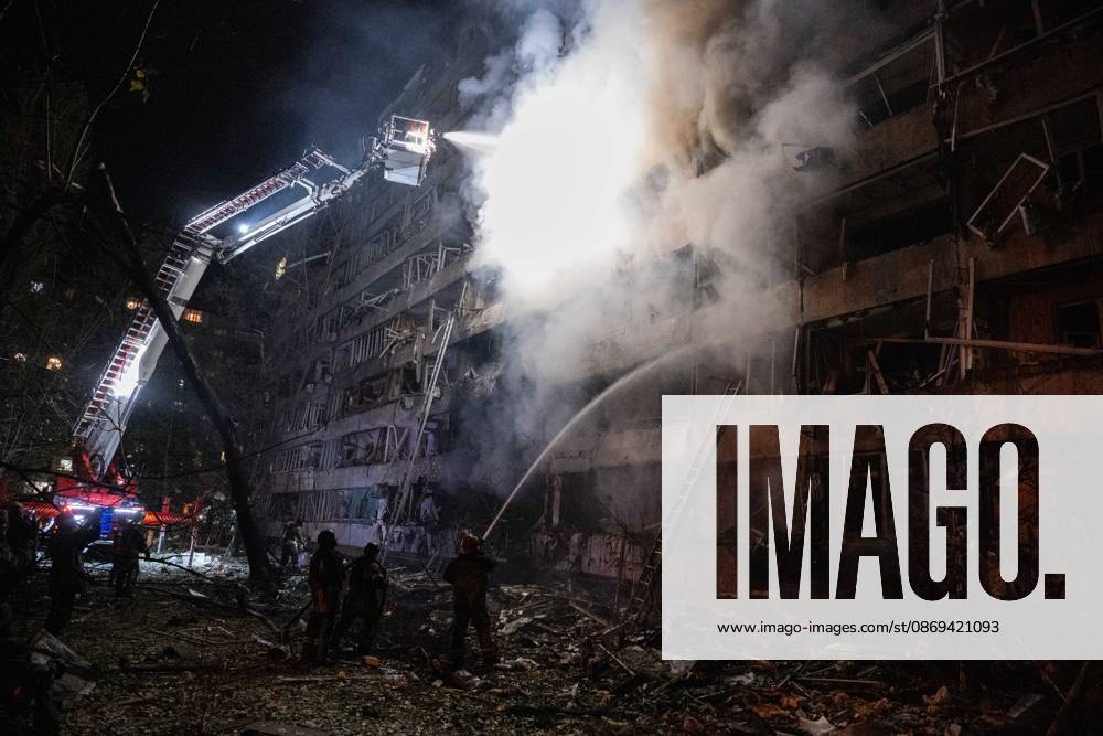 Ballistic missile strikes next to nine-story residential building in Desnianskyi district of Kyiv A rescuer on an aerial platform extinguishes a fire that broke out following a Russian missile strike on a nine-story residential building in Kyiv’s Desnianskyi district, Ukraine, on October 14, 2026. Russia launched a massive ballistic missile attack on the capital. Three women were killed and 19 other people were injured in the Desnianskyi district, including a seven-year-old girl. Apartments in the nine-story building were also damaged from the first through the eighth floor, Credit:Danylo Antoniuk Ukrinform Avalon Ukraine, Kyiv