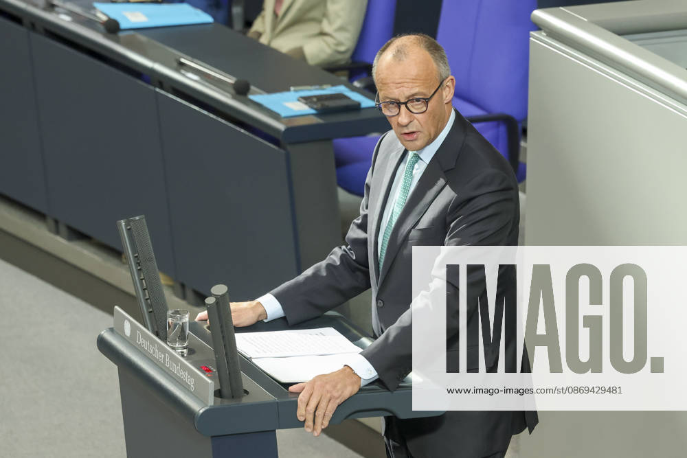 Friedrich Merz at the session of the German Bundestag on October 14, 2026, in Berlin; Chancellor Merz delivering the government statement to the German Bundestag