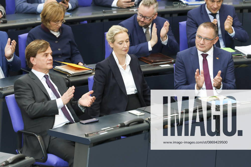 Bernd Baumann, Alice Weidel, and Tino Chrupalla at the session of the German Bundestag on October 14, 2026, in Berlin; Chancellor Merz delivering the government’s policy statement to the German Bundestag