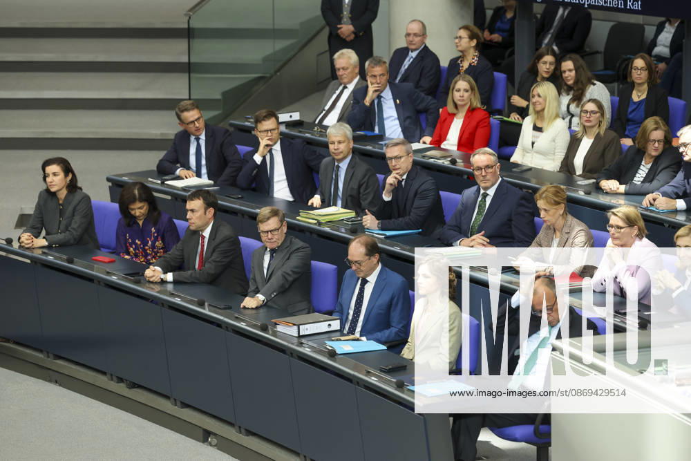 Federal Cabinet, Federal Ministers, including Merz, at the session of the German Bundestag on October 14, 2026, in Berlin; Federal Chancellor Merz delivering a government statement to the German Bundestag