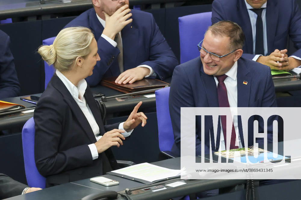 Alice Weidel and Tino Chrupalla at the session of the German Bundestag on October 14, 2026, in Berlin; Chancellor Merz delivering the government statement in the German Bundestag