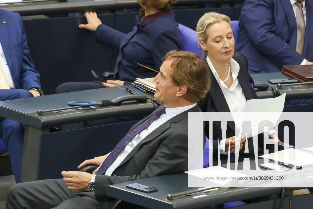 Bernd Baumann and Alice Weidel at the session of the German Bundestag on October 14, 2026, in Berlin; Chancellor Merz delivering the government’s policy statement to the German Bundestag