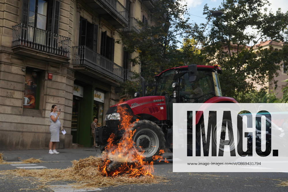Tractor Rally for Agriculture in Barcelona: Protesters during a rally of tractors from various parts of Catalonia in front of the Government Delegation and statements, on October 14, 2026, in Barcelona, Catalonia, Spain. The demonstration, organized by Unió de Pagesos with the support of Asaja, FCAC, and Revolta Pagesa, denounces the structural crisis in the agricultural sector in Barcelona. October 14, 2026, Spain