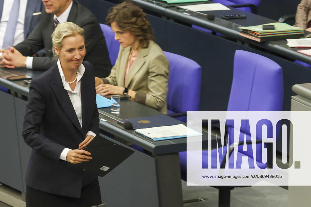 Alice Weidel at the session of the German Bundestag on October 14, 2026, in Berlin; Chancellor Merz delivering the government’s policy statement to the German Bundestag