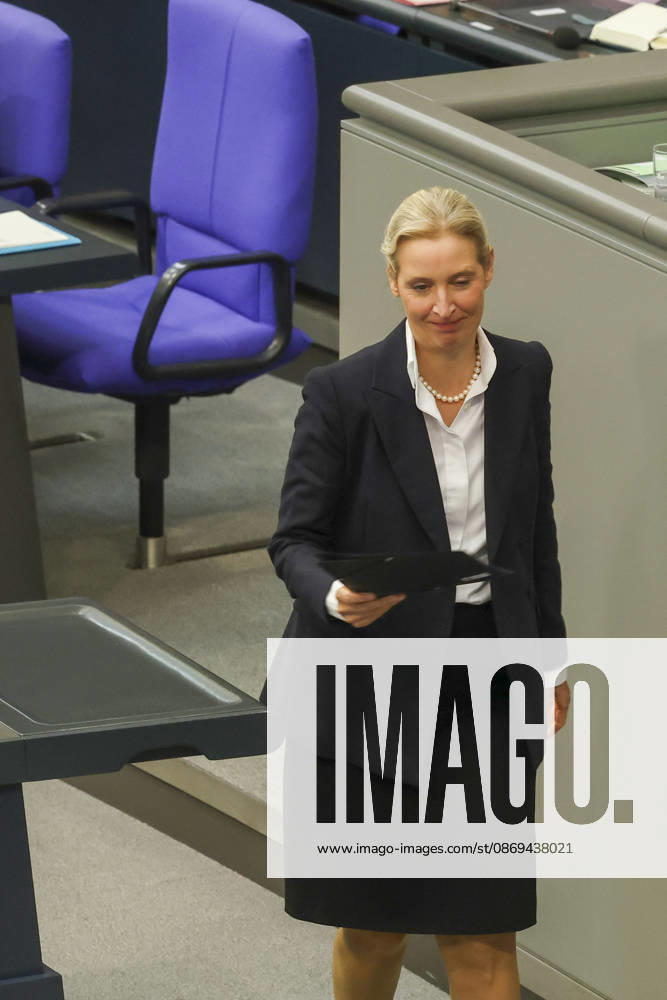 Alice Weidel at the session of the German Bundestag on October 14, 2026, in Berlin; Chancellor Merz delivering the government’s policy statement to the German Bundestag