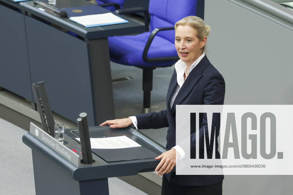 Alice Weidel at the session of the German Bundestag on October 14, 2026, in Berlin; Chancellor Merz delivering the government’s policy statement to the German Bundestag