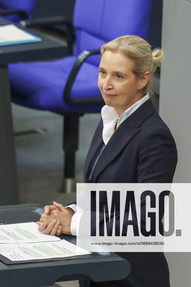 Alice Weidel at the session of the German Bundestag on October 14, 2026, in Berlin; Chancellor Merz delivering the government’s policy statement to the German Bundestag