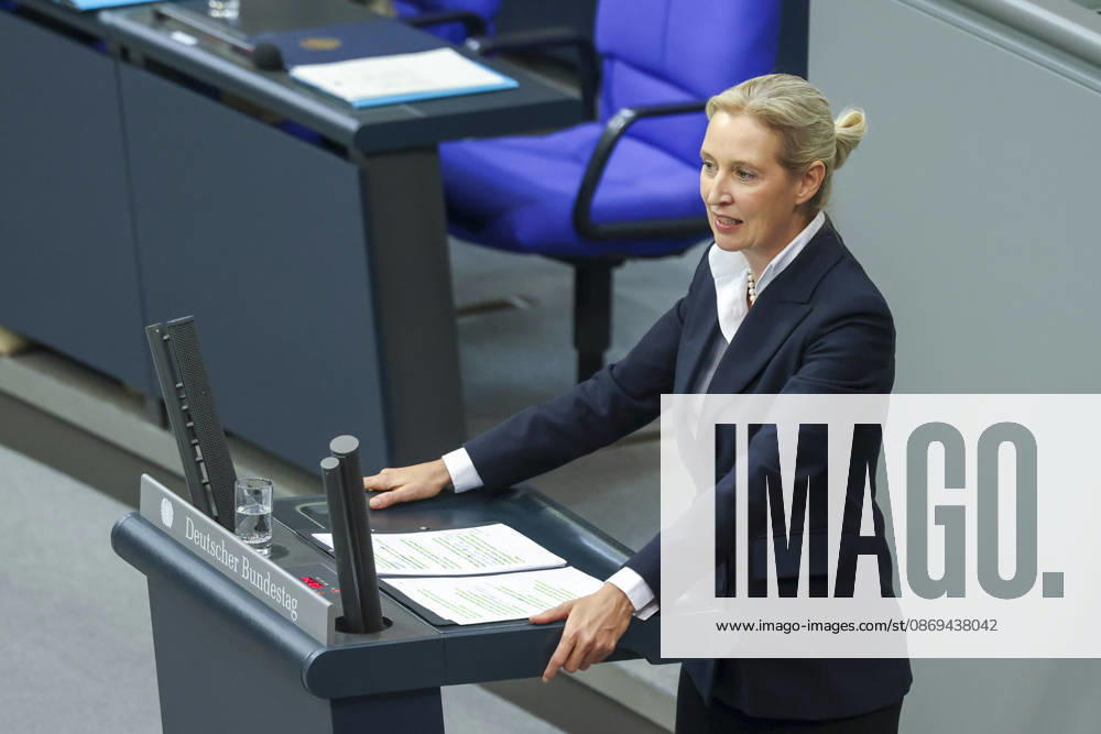 Alice Weidel at the session of the German Bundestag on October 14, 2026, in Berlin; Chancellor Merz delivering the government’s policy statement to the German Bundestag