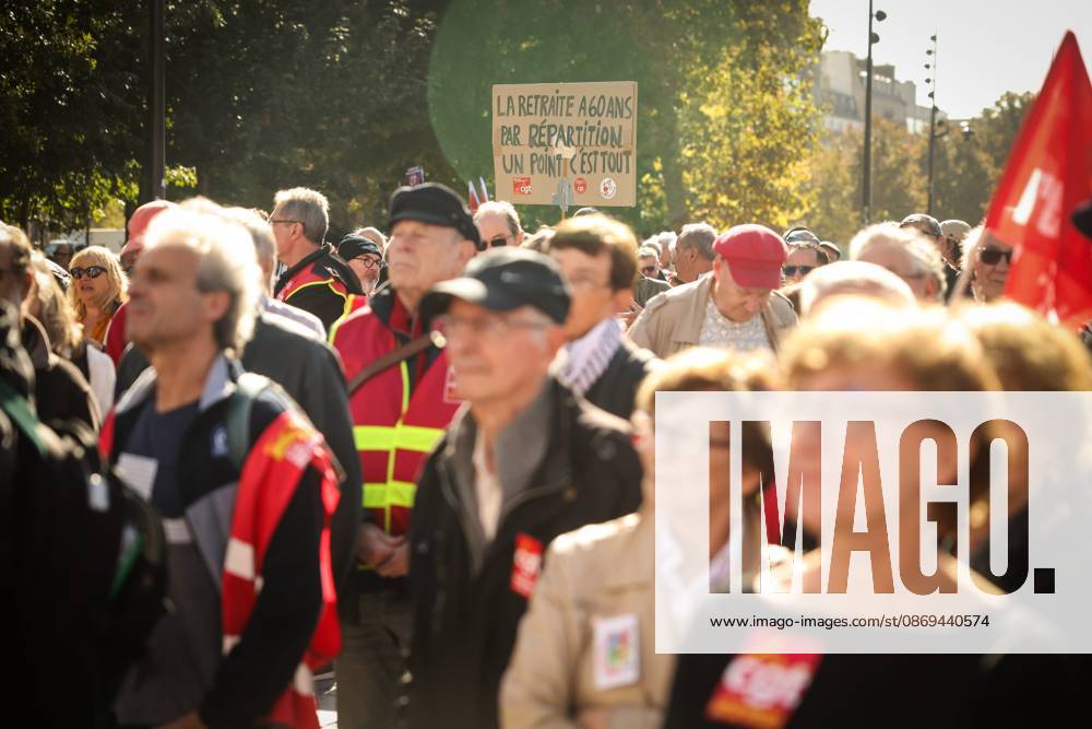 PENSION PROTEST Thomas Padilla MAXPPP Paris FRANCE October 14, 2026 PROTEST IN DEFENSE OF PENSIONS NEAR THE AGIRC ARRCO HEADQUARTERS—a demonstration called by the CGT trade union to demand that supplemental pensions be indexed to inflation following the 2026 freeze, between Place de la Bastille and the headquarters of the Agirc Arrco pension scheme, in Paris, on October 14, 2026, Paris, FRANCE