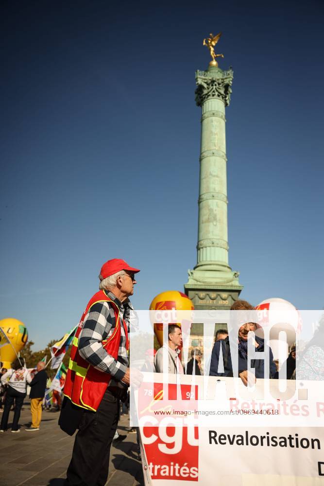 PENSION PROTEST Thomas Padilla MAXPPP Paris FRANCE October 14, 2026 PROTEST IN DEFENSE OF PENSIONS NEAR THE AGIRC ARRCO HEADQUARTERS—a demonstration called by the CGT trade union to demand that supplemental pensions be indexed to inflation following the 2026 freeze, between Place de la Bastille and the headquarters of the Agirc Arrco pension scheme, in Paris, on October 14, 2026, Paris, FRANCE