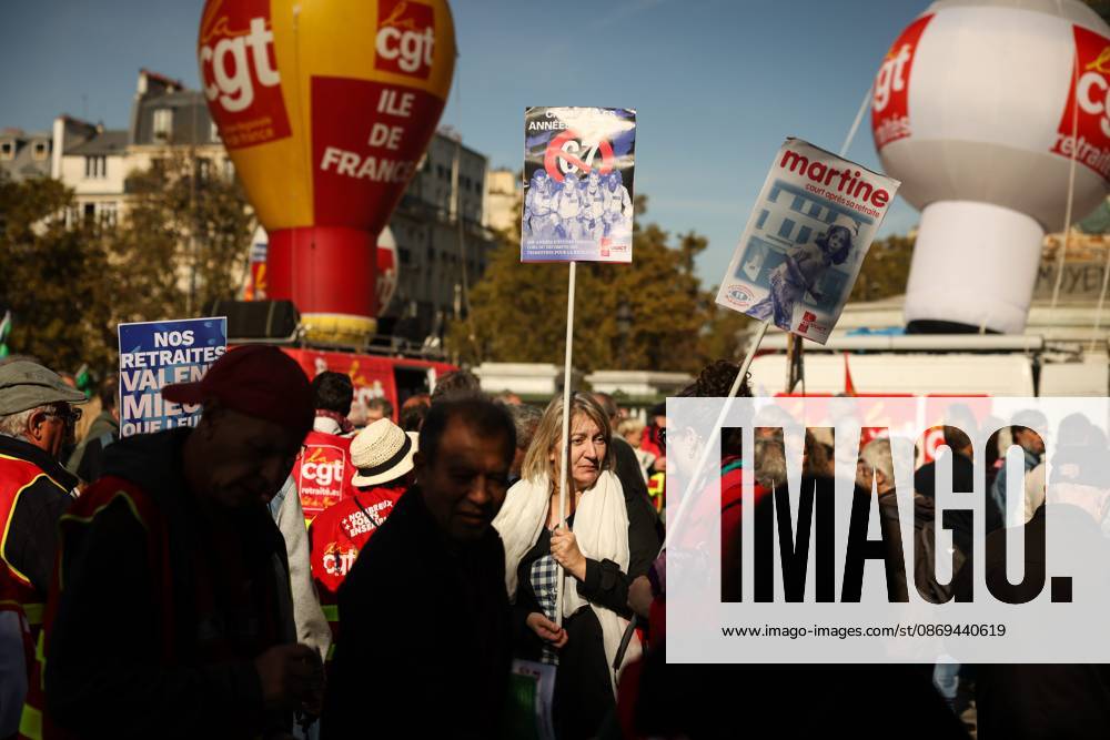 PENSION PROTEST Thomas Padilla MAXPPP Paris FRANCE October 14, 2026 PROTEST IN DEFENSE OF PENSIONS NEAR THE AGIRC ARRCO HEADQUARTERS—a demonstration called by the CGT trade union to demand that supplemental pensions be indexed to inflation following the 2026 freeze, between Place de la Bastille and the headquarters of the Agirc Arrco pension scheme, in Paris, on October 14, 2026, Paris, FRANCE