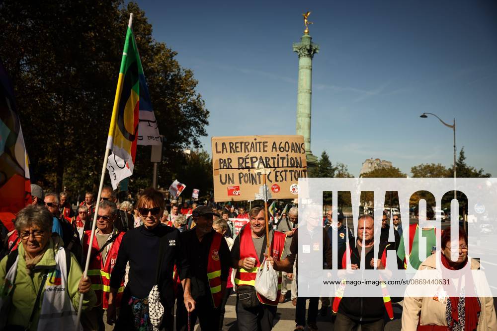 PENSION PROTEST Thomas Padilla MAXPPP Paris FRANCE October 14, 2026 PROTEST IN DEFENSE OF PENSIONS NEAR THE AGIRC ARRCO HEADQUARTERS—a demonstration called by the CGT trade union to demand that supplemental pensions be indexed to inflation following the 2026 freeze, between Place de la Bastille and the headquarters of the Agirc Arrco pension scheme, in Paris, on October 14, 2026, Paris, FRANCE