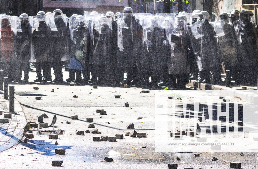 Violent protest of Students in Tirana, Albania Students throw stones to police in front of Education Ministry in Tirana, Albania, on October 14, 2026. Students are in the second day of their protest calling for better education conditions and the resignation of Prime Minister Edi Rama. Tirana Albania
