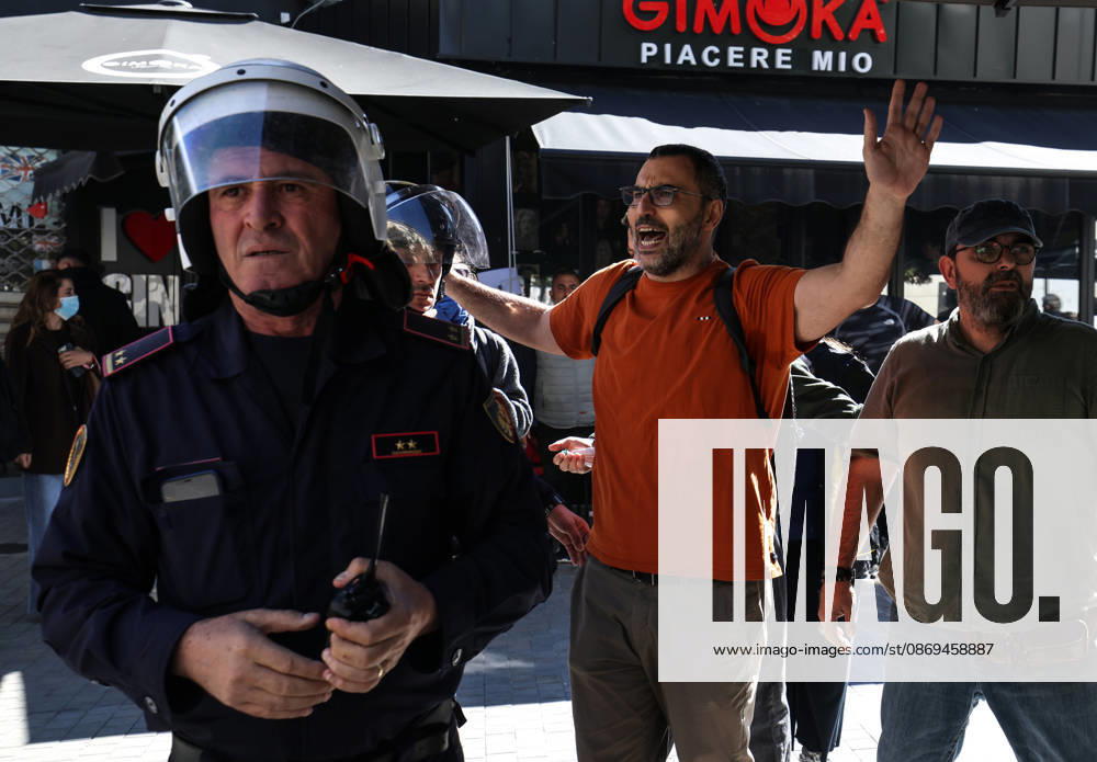 Arlind Qorri, leader of Movement Together (Levizja Bashke), a left-wing political party, gesture during a students protest in front of Education Ministry in Tirana, Albania, on 14 October, 2026. Students are in the second day of their protest calling for better education conditions and the resignation of Prime Minister Edi Rama. Movement Together (Levizja Bashke) was founded in 2022 by the political group Organizata Politike (Political Organisation) after 12 years of activism in social struggles and in solidarity with workers, students and citizens.....Students throw stones to police in front of Education Ministry in Tirana, Albania, on October 14, 2026. Students are in the second day of their prot - ZUMAb266 20261014_zip_b266_003