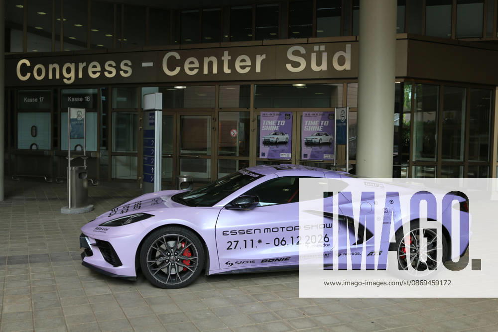 Chevrolet Corvette C8 with Essen Motor Show wrap in front of the Congress Center Süd at Messe Essen, Media event: Carwalk for the Essen Motor Show on October 14, 2026, at Messe Essen in the lead-up to the Essen Motor Show 2026 (November 28, 2026 – December 6, 2026), EMS Preview on November 27, 2026