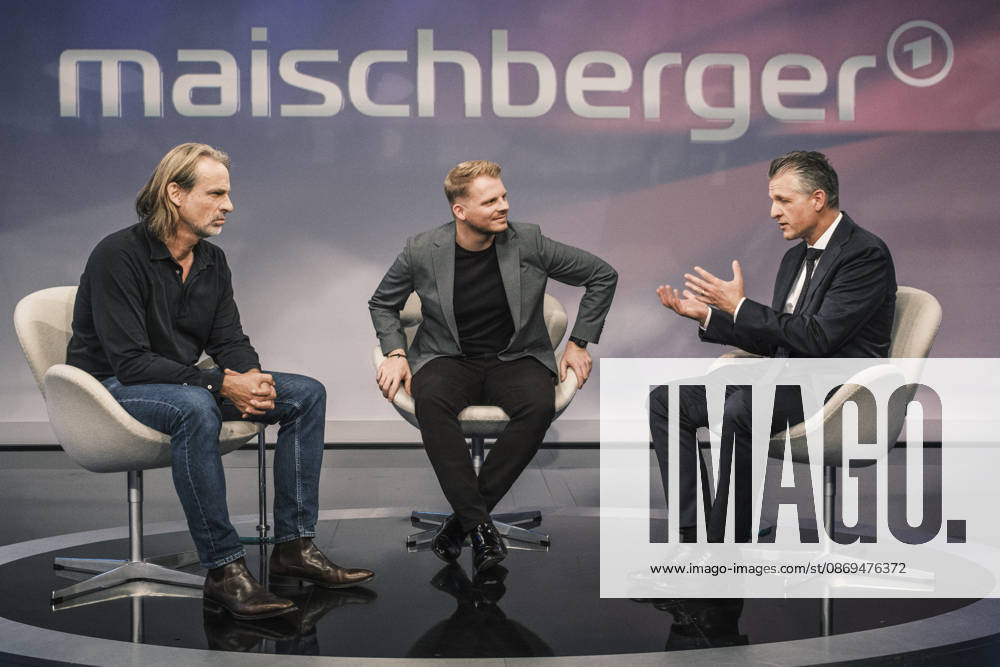 Pictured, from left: Richard David Precht, philosopher; Tim Klüssendorf, SPD Secretary General; Thorsten Frei, CDU Union parliamentary group leader; on the panel in discussion, GER, Berlin, studio, guests on Maischberger, a political talk show, TV program, hosted by Sandra Maischberger, Das Erste, from Adlershof – Studio 20, October 14, 2026,