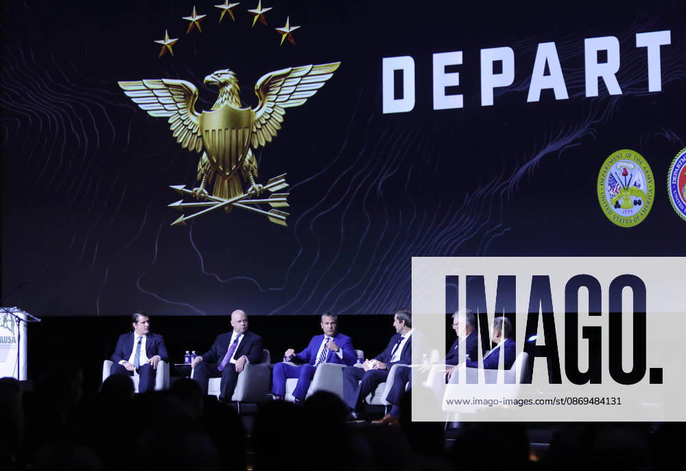 (L-R) US Assistant Secretary of Defence for Special Operations and Low-Intensity Conflict Derrick Anderson, Acting US Secretary of the Army Adam Telle, US Secretary of Defence Pete Hegseth, CEO of Project Agincourt, Owen West, US Secretary of the Air Force Troy Meink, and Acting US Secretary of the Navy Hung Cao, participate in a panel discussion during the U.S. Army s 2026 Annual Meeting and Exposition, AUSA at the Walter E. Washington Convention Center in Washington, DC, USA, on October 14, 2026. Secretary Hegseth participated in a discussion on the future of autonomous warfare. Washington USA - ZUMAs337 20261014_znp_s337_025