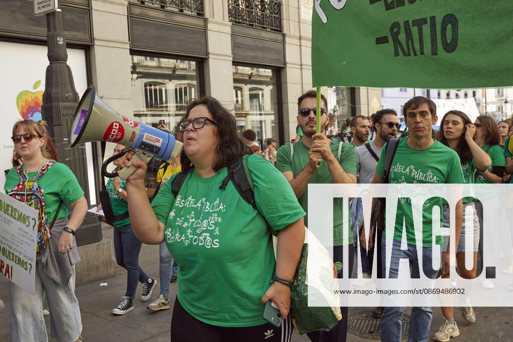 Students and members of the education community take part in a demonstration in central Madrid during the education strike. The march, which began at Puerta del Sol, continues along Calle de Alcala towards the headquarters of the Regional Ministry of Education of the Community of Madrid and Spains Ministry of Education, amid union flags, banners and chants in support of public education. Madrid Spain - ZUMAh171 20261014_zip_h171_003