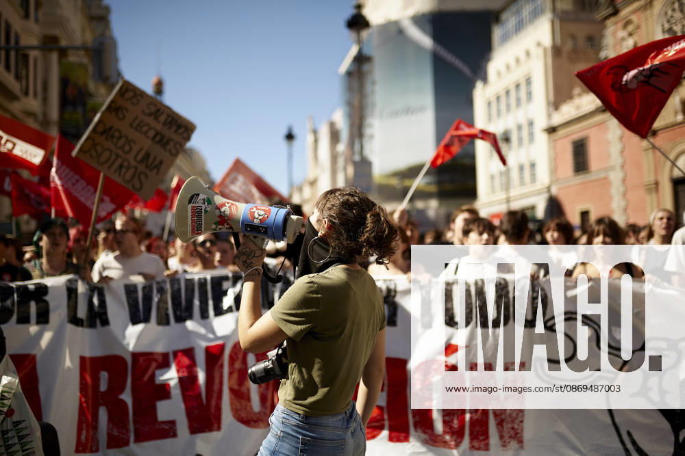 Students and members of the education community take part in a demonstration in central Madrid during the education strike. The march, which began at Puerta del Sol, continues along Calle de Alcala towards the headquarters of the Regional Ministry of Education of the Community of Madrid and Spains Ministry of Education, amid union flags, banners and chants in support of public education. Madrid Spain - ZUMAh171 20261014_zip_h171_041