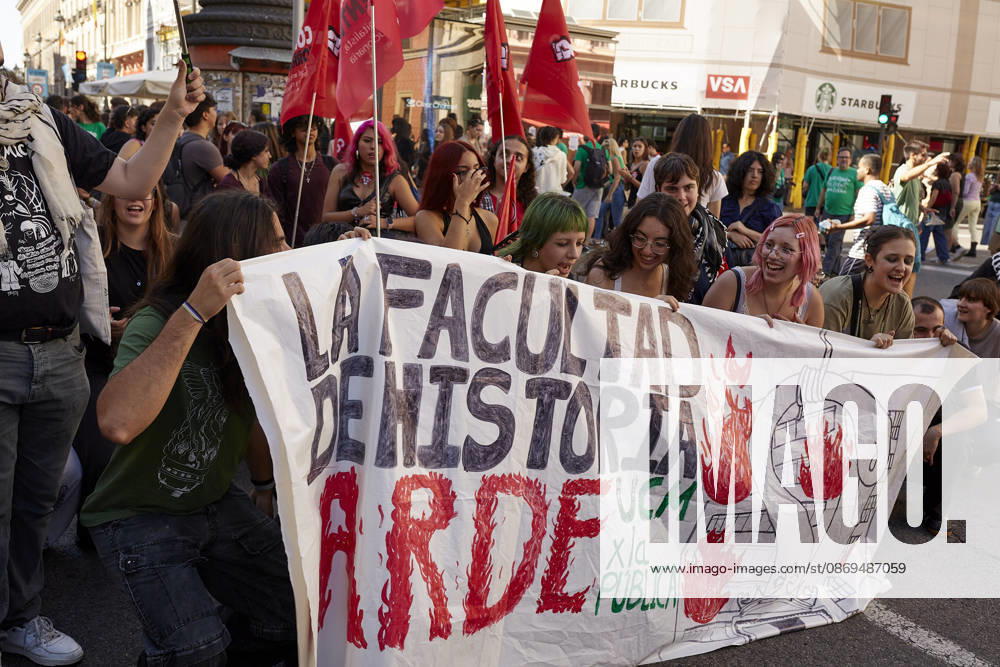Students and members of the education community take part in a demonstration in central Madrid during the education strike. The march, which began at Puerta del Sol, continues along Calle de Alcala towards the headquarters of the Regional Ministry of Education of the Community of Madrid and Spains Ministry of Education, amid union flags, banners and chants in support of public education. Madrid Spain - ZUMAh171 20261014_zip_h171_067