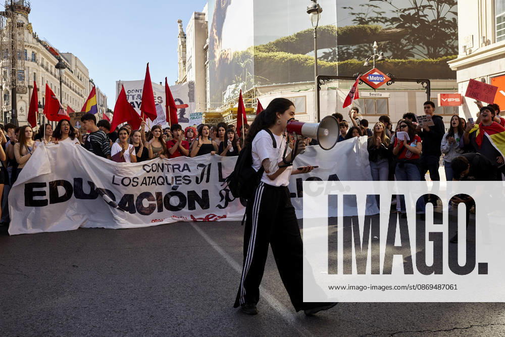 Students and members of the education community take part in a demonstration in central Madrid during the education strike. The march, which began at Puerta del Sol, continues along Calle de Alcala towards the headquarters of the Regional Ministry of Education of the Community of Madrid and Spains Ministry of Education, amid union flags, banners and chants in support of public education. Madrid Spain - ZUMAh171 20261014_zip_h171_069