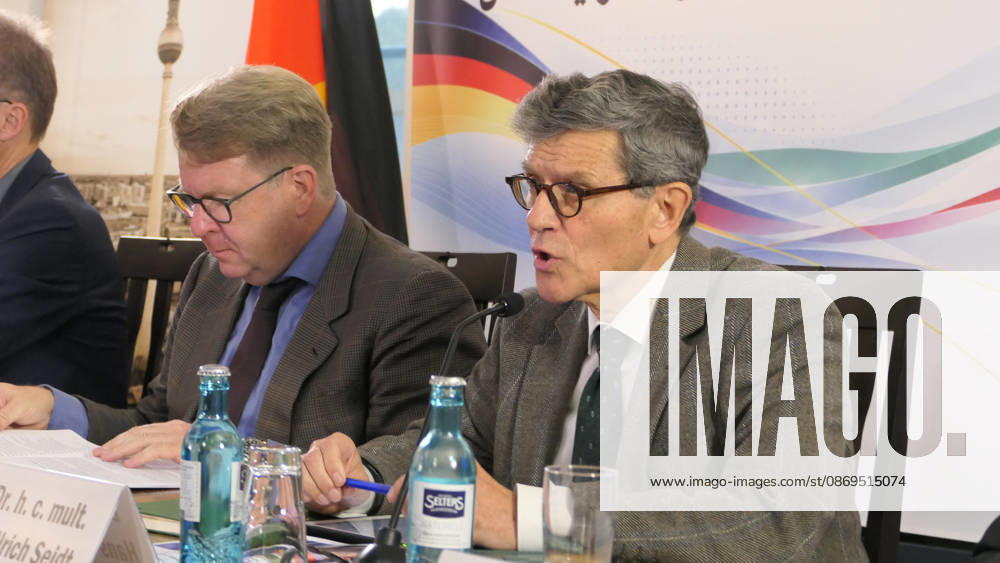 Former German Ambassador and former Chief Inspector of the Federal Foreign Office ,Dr. Hans-Ulrich Seidt seen speaking from the panel alongside German Bundestag Legal Affairs Committee Chairman, Carsten Müller. The conference, titled Iran in Crisis: The Democratic Solution and Germany s Responsibility, was organized by the German Solidarity Committee for a Free Iran (DSFI) and the Association of German-Iranians (GDI) at Hopfingerbräu am Brandenburger Tor in Berlin, Germany, on October 14, 2026. The conference brought together German federal lawmakers, former diplomats, and witnesses to discuss human rights, democratic prospects for Iran, and an open letter signed by 80 German dignitaries protesting the - ZUMAs197 20261014_aaa_s197_470