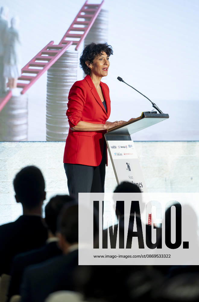 Elma Saiz Opens the 2026 Pensions Forum Elma Saiz, Minister of Inclusion, Social Security, and Migration and government spokesperson, speaks during the opening of the 2026 Pensions Forum, at the COAM headquarters on October 15, 2026, in Madrid, Spain. The forum was organized by APD, BBVA Seguros, Ibercaja, Marsh, Santander Seguros, and VidaCaixa. October 15, 2026, Madrid, Spain