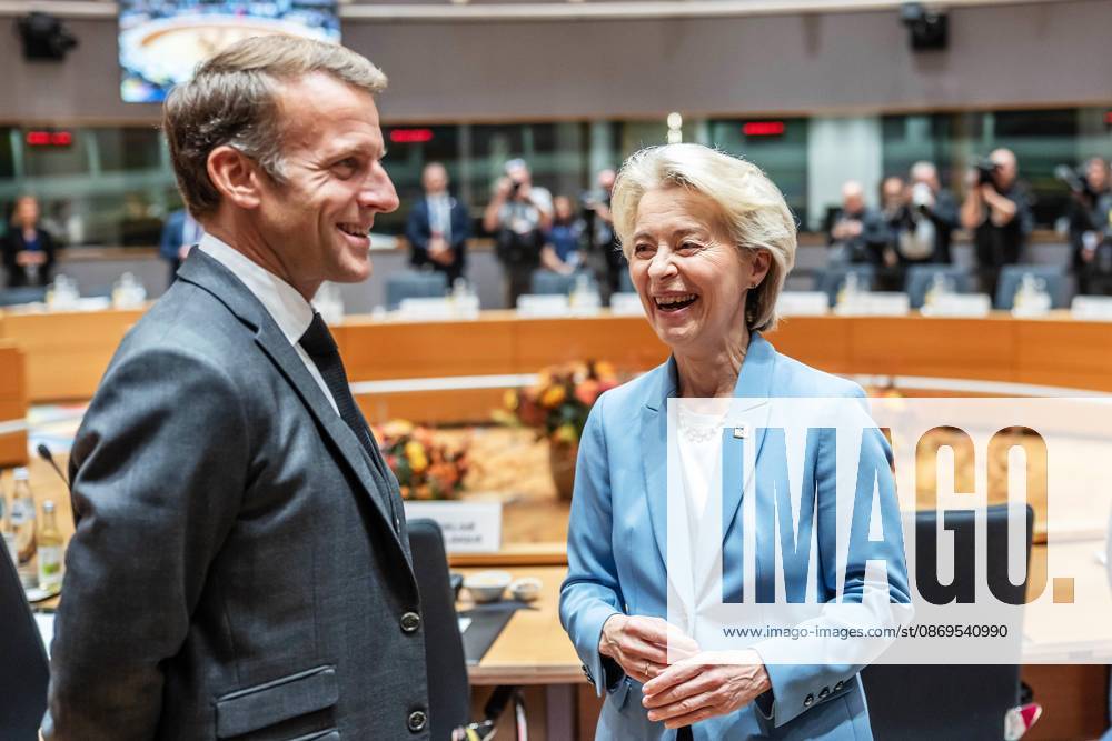 Brussels, Belgium, October 15, 2026; European Union building; EU summit; Emmanuel Macron and Ursula von der Leyen; Photo by Michael Kappeler, Pool