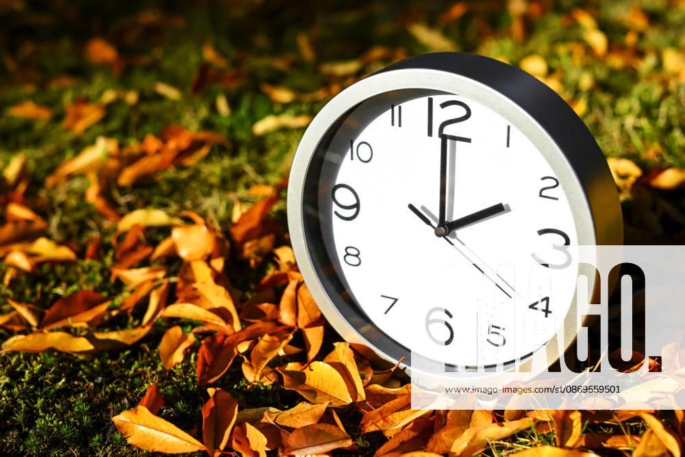 Clock among autumn leaves, symbolic photo of the time change and winter time, digitally edited in Hamburg, Germany ** ** **