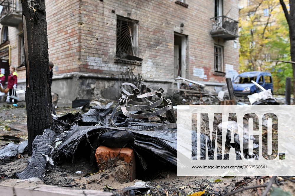 Aftermath Of A Russian Drone Attack In Kyiv, 15 Oct 2026 Debris from a Geran-5 jet-powered drone lies in front of a damaged residential building in Kyiv, Ukraine, on October 15, 2026, following a Russian strike. Kyiv Ukraine