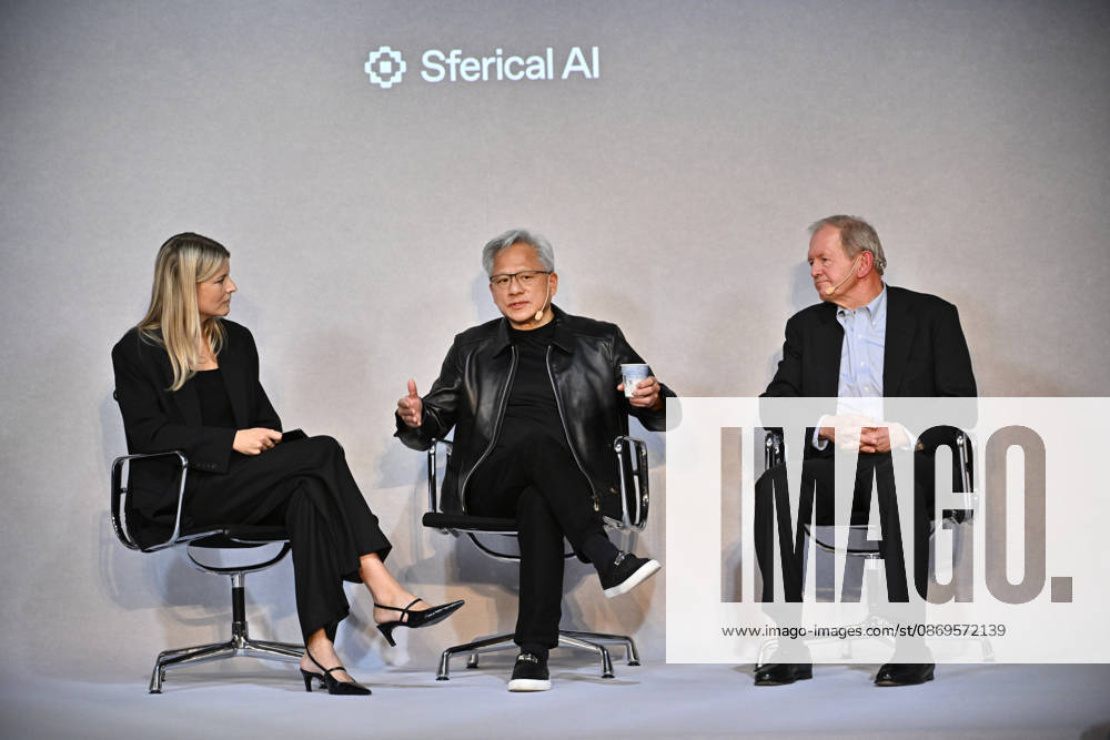 Jenny Nordlöw, CEO of Sferical AI, Jensen Huang, CEO of Nvidia, and Marcus Wallenberg during the Sferical One event organized by Nvidia at Eric Ericsonhallen in Stockholm, Sweden, on October 15, 2026 STOCKHOLM SWEDEN