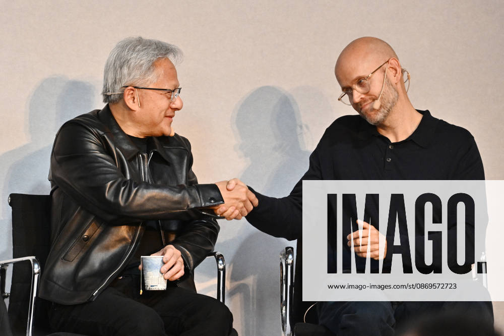 Jensen Huang, CEO of Nvidia, and Daniel Ek, founder of Spotify, during the Sferical One event at Eric Ericsonhallen in Stockholm, Sweden, on October 15, 2026 STOCKHOLM SWEDEN