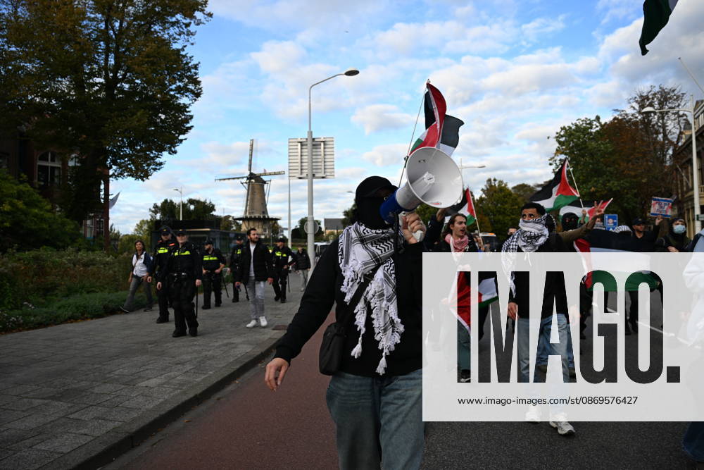 Pro-Palestinian demonstration ahead of UEFA Europa League match between AZ Alkmaar v Hapoel Be er Sheva in Netherlands ALKMAAR, NETHERLANDS - OCTOBER 15: Pro-Palestinian demonstrator groups gather near AFAS Stadium to protest the UEFA Europa League football match between AZ Alkmaar and Hapoel Be er Sheva in Alkmaar, Netherlands on October 15, 2026. Security measures were heightened around the venue during the protest ahead of the match. Mouneb Taim Anadolu Alkmaar Netherlands. Editorial use only. Please get in touch for any other usage.