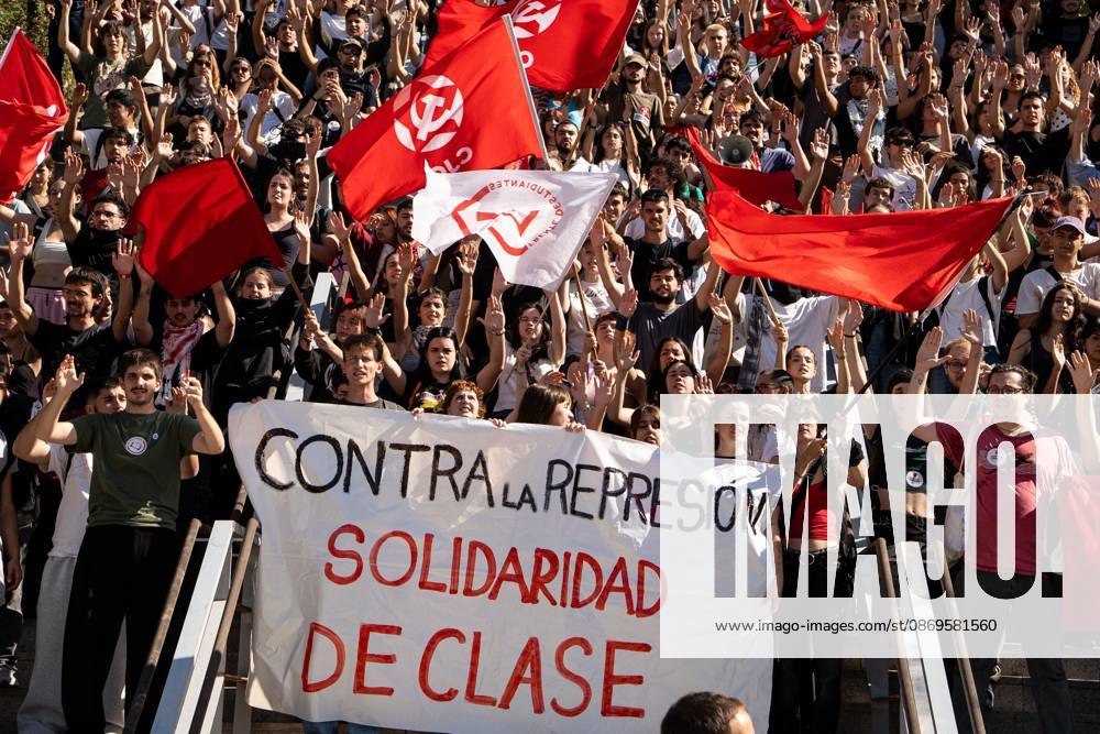 MADRID, SPAIN - OCTOBER 15, 2026: Hundreds of students have gathered at the Complutense University of Madrid to denounce the police charges that took place yesterday on campus and to demand the release and dismissal of charges against the five students arrested during the protest. The march proceeded to the Geography and History Department, where seven police vans had set up a security perimeter. The students demanded more funding for the public university which is under the jurisdiction of the Community of Madrid, governed by the conservative Peoples Party and the removal of police from the campus which falls under the jurisdiction of the central government led by the Socialist Party. Madrid Spain - ZUMAq101 20261015_zna_q101_121