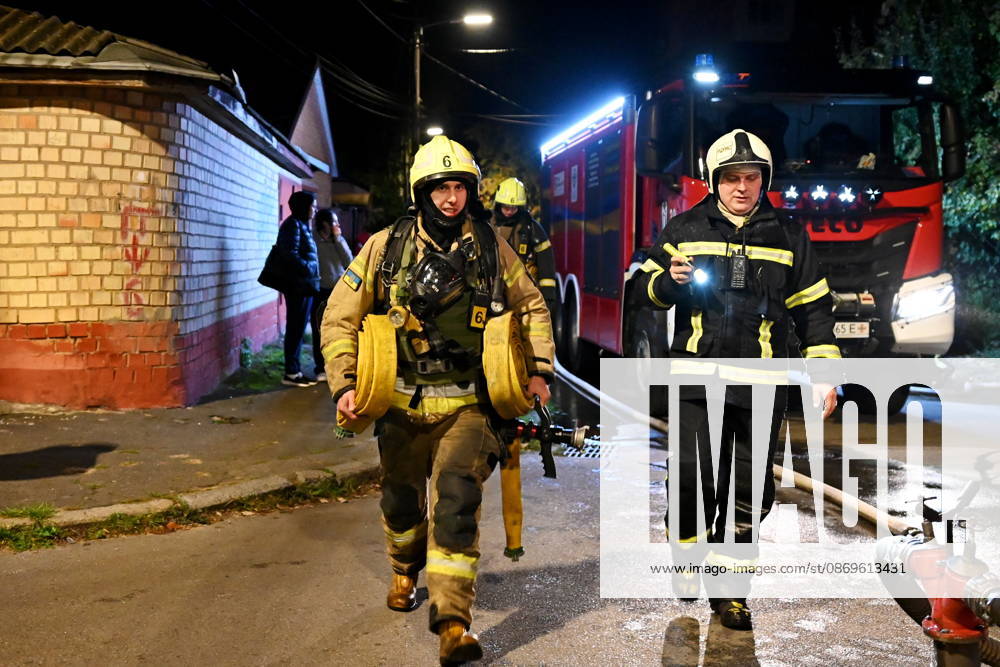 Russian Drone Attack On Kyiv, Ukraine Firefighters work at the scene of a fire at a private residential house in the Shevchenkivskyi district in Kyiv, Ukraine, on October 15, 2026, following the explosion of a jet-powered drone launched by Russia. Kyiv Ukraine