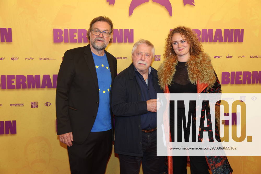 Jens Meurer, Wolf Biermann, and a guest at the premiere of the documentary *Biermann* at Kino International in Berlin