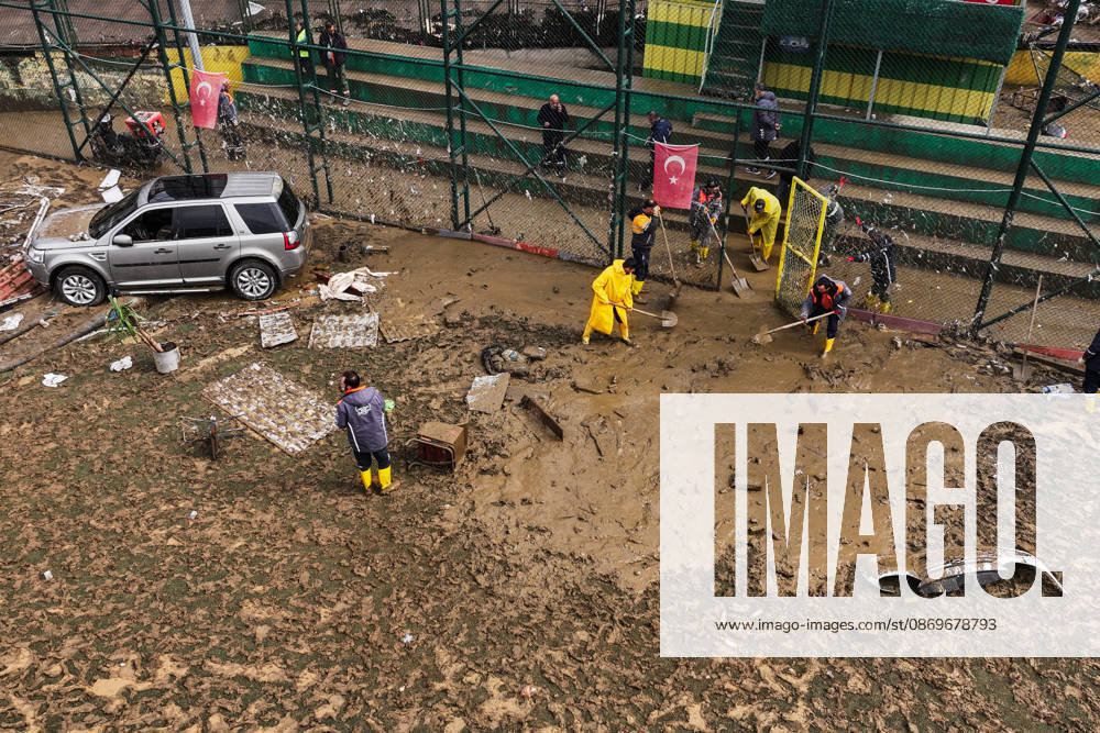 Aftermath of heavy rain in Istanbul ISTANBUL, TURKIYE - OCTOBER 16: An aerial view of mud-covered football fields and ongoing cleanup efforts at Ayazaga Sports Facilities in Istanbul, Turkiye, on October 16, 2026. Cleanup operations continue in areas affected by flooding and heavy rainfall that struck the city on October 14. Hakan Akgun Anadolu Istanbul Turkey. Editorial use only. Please get in touch for any other usage.