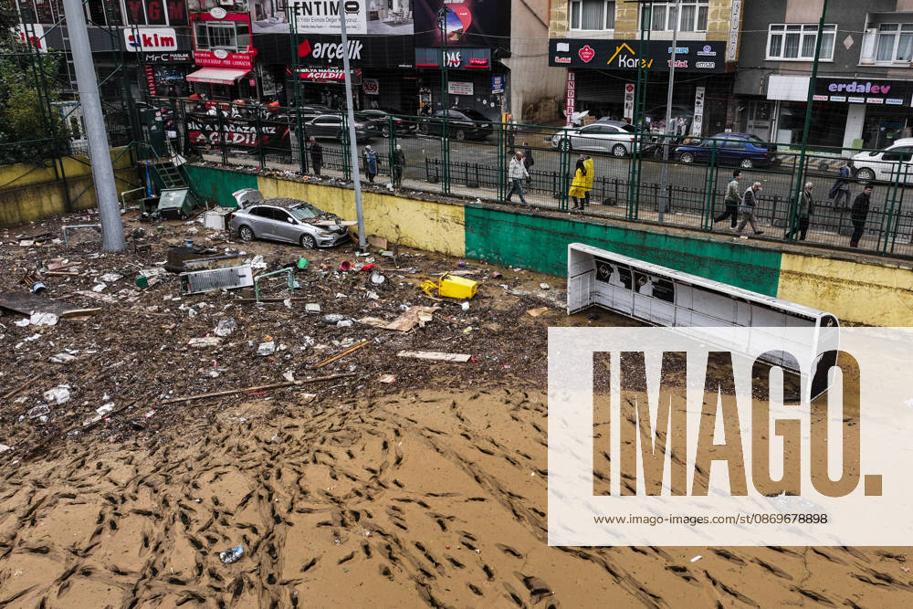 Aftermath of heavy rain in Istanbul ISTANBUL, TURKIYE - OCTOBER 16: An aerial view of mud-covered football fields and ongoing cleanup efforts at Ayazaga Sports Facilities in Istanbul, Turkiye, on October 16, 2026. Cleanup operations continue in areas affected by flooding and heavy rainfall that struck the city on October 14. Hakan Akgun Anadolu Istanbul Turkey. Editorial use only. Please get in touch for any other usage.